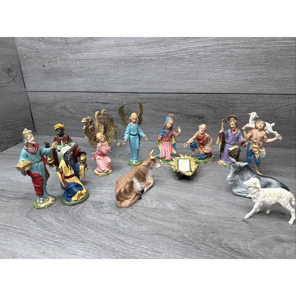 VTG PAPER MACHE NATIVITY ITALY 5" HOLY FAMILY KINGS ANGEL SHEPHERD ANIMALS 14pc